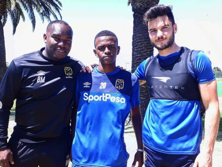 Former player of the Young Bafana soccer academy Eyona Ndondo wearing a blue Cape Town City FC jersey.
