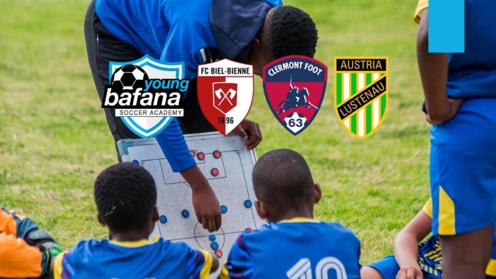 Logos of the Young Bafana Soccer Academy and related clubs on an image of a coach advising his kids team.
